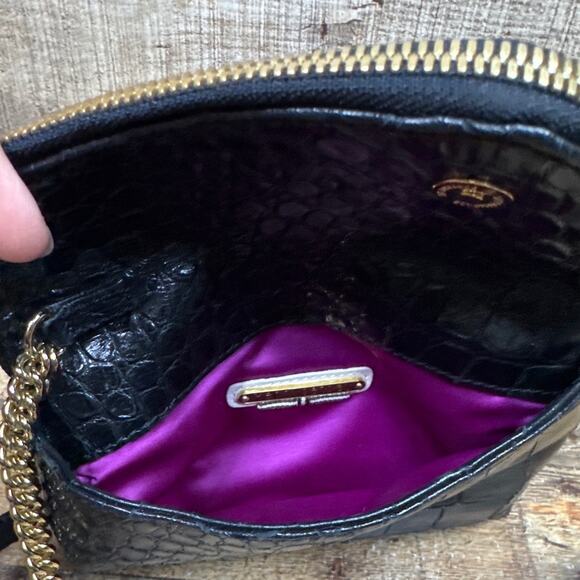 Henri Bendel Debutante Clutch Wristlet Black Crocodile Gold Chain Purple Lining